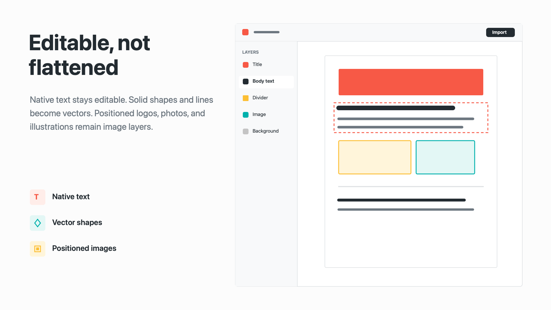 Figma canvas showing editable text, vector, image, and background layers