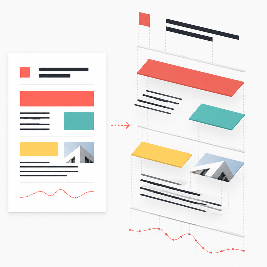 A PDF page separated into editable text, shape, line, and image layers